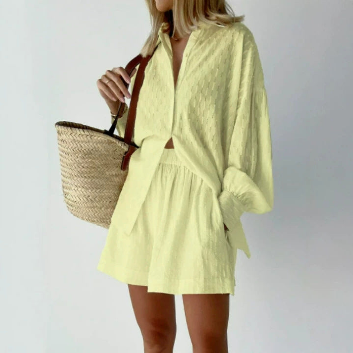 Women's Cotton Jacquard Shirt and Shorts Two Piece Set