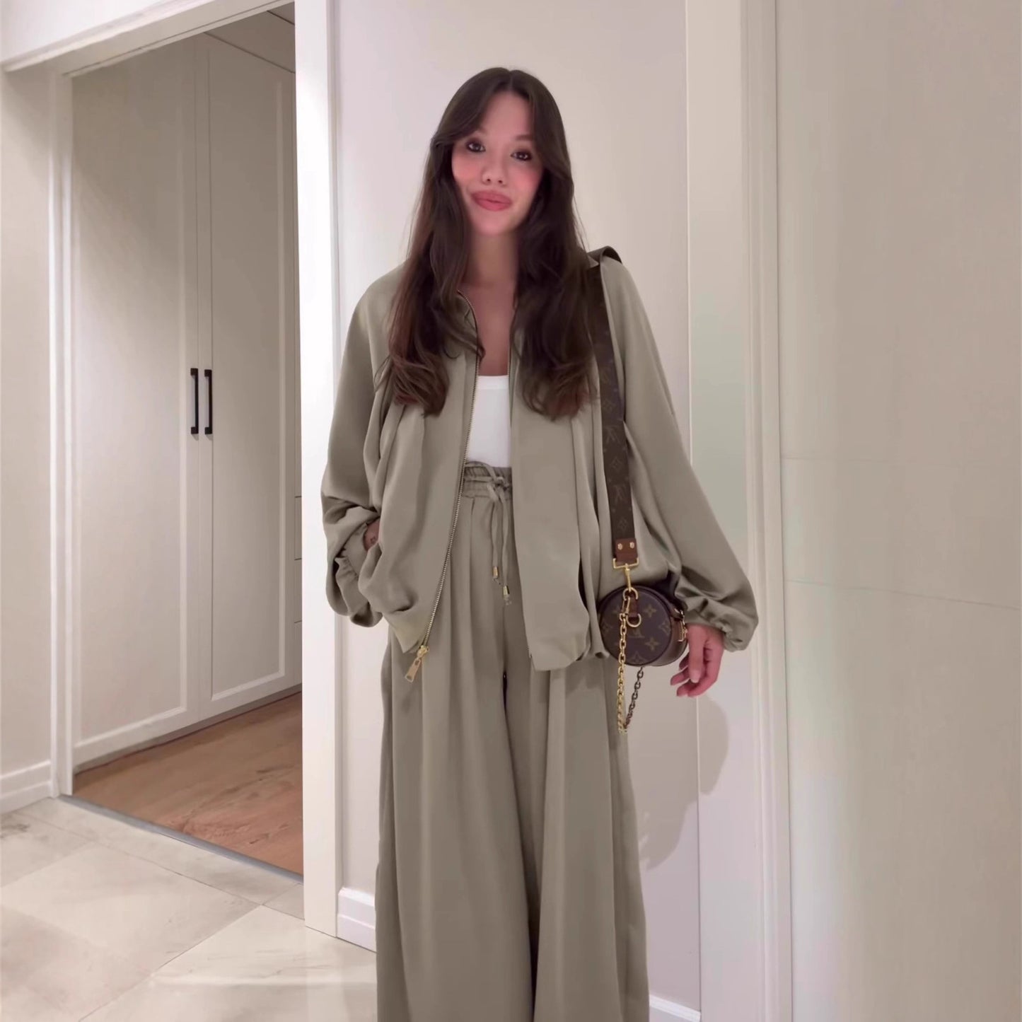 Women's Two Piece Zip Jacket Wide Leg Pants Set