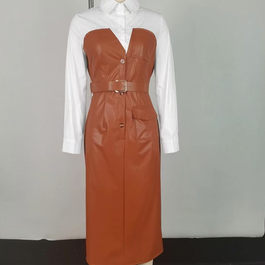 Color Block Faux Leather Belted Shirt Dress Midi