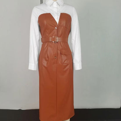 Color Block Faux Leather Belted Shirt Dress Midi