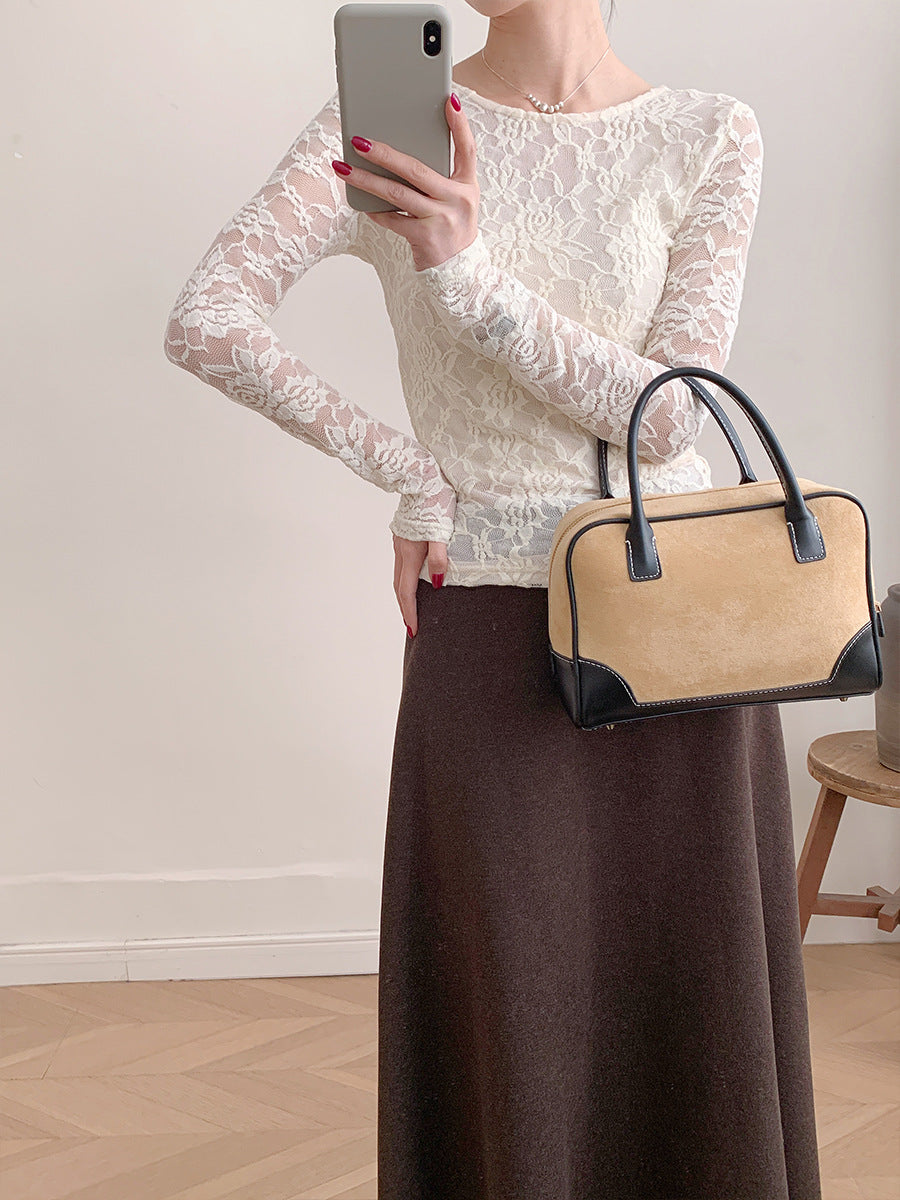 Sheer Lace Long Sleeve Top Fitted U Neck Blouse