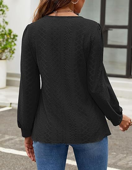 Solid Eyelet Lace Blouse Crew Neck Lantern Sleeve Top