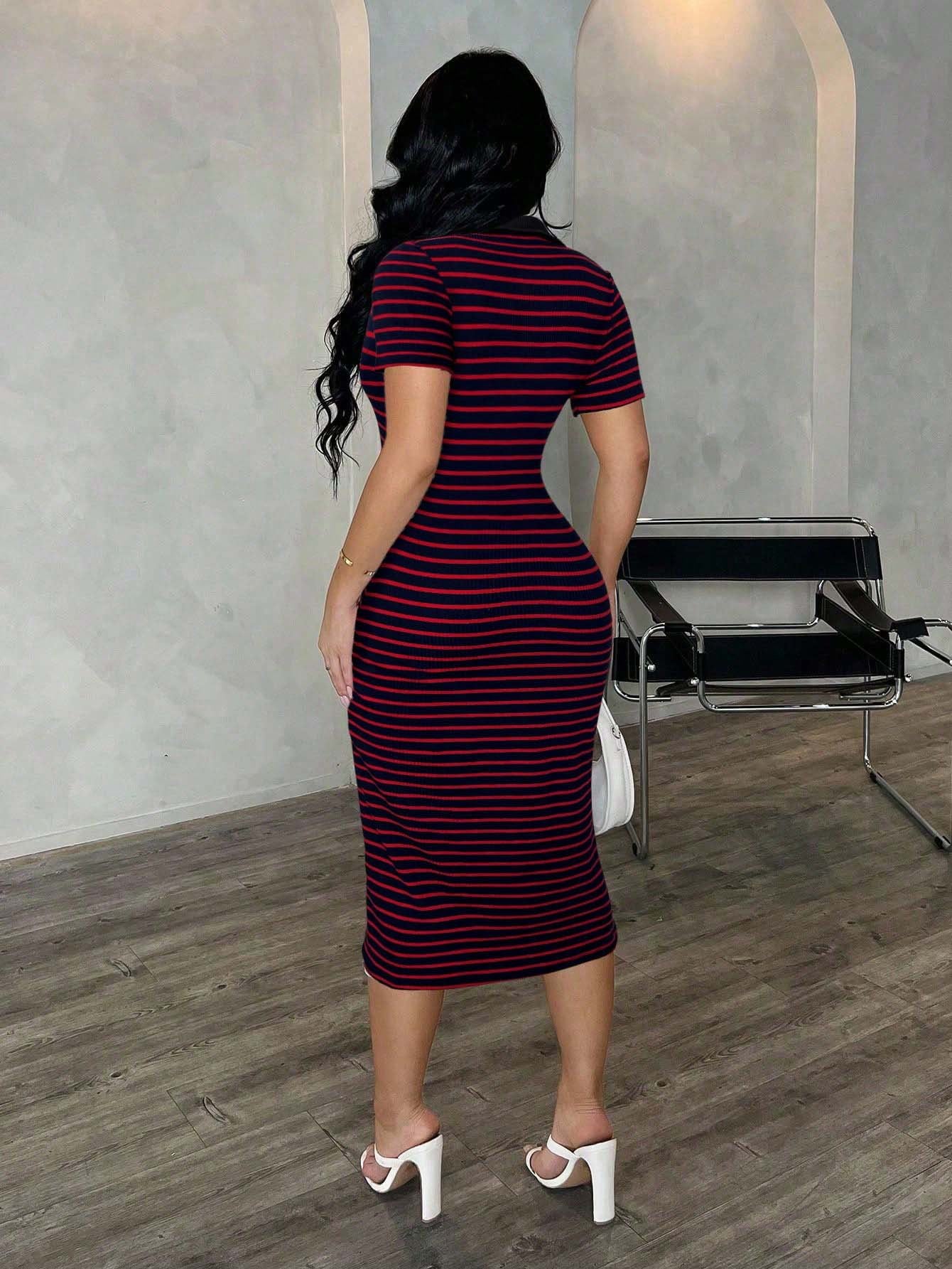 Polo Collar Stripe Bodycon Midi Dress Short Sleeve Casual