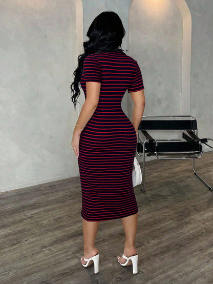 Polo Collar Stripe Bodycon Midi Dress Short Sleeve Casual