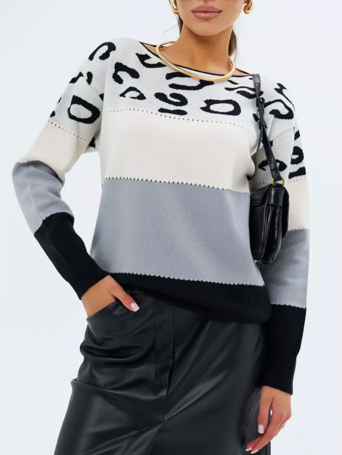 Women's Leopard Color Block Oversized Crew Neck Sweater