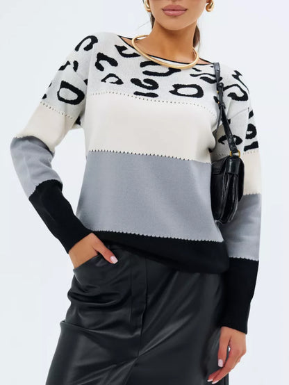 Women's Leopard Color Block Oversized Crew Neck Sweater
