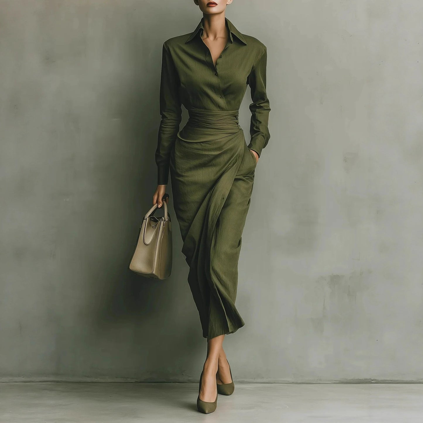 Womens Linen Shirt Dress Long Sleeve Asymmetric Midi Work