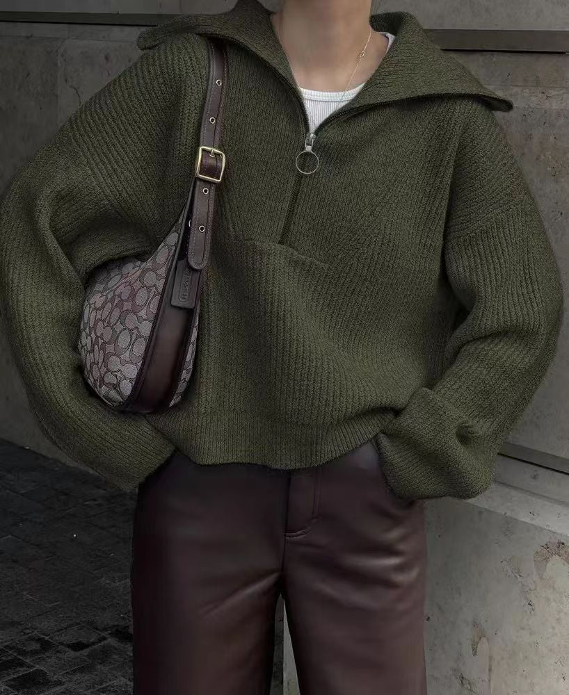 Women's Oversized Half Zip Collared Knit Sweater Pullover