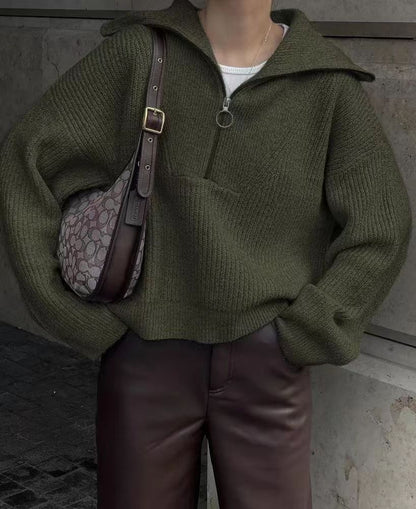 Women's Oversized Half Zip Collared Knit Sweater Pullover