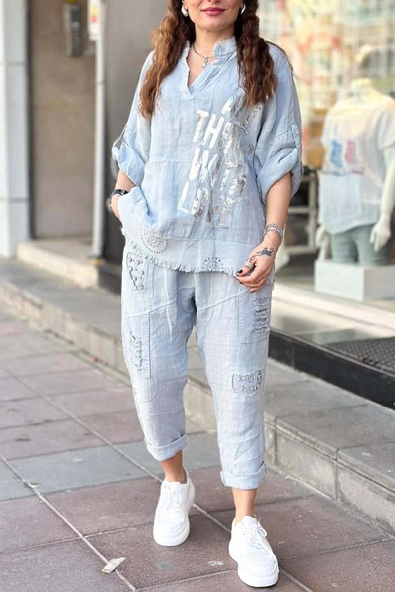 Women's Oversized Linen Graphic Half Sleeve Pants Set