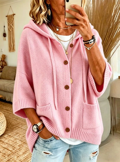 Women's Hooded Knit Cardigan Button Front Batwing Sleeve