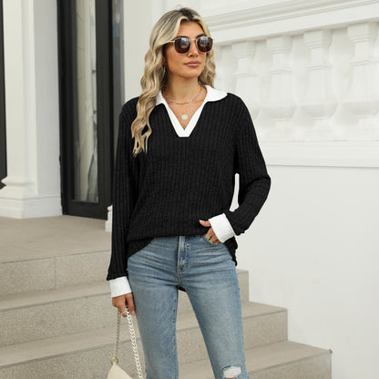 Women's Oversized Contrast Collar V Neck Long Sleeve Top