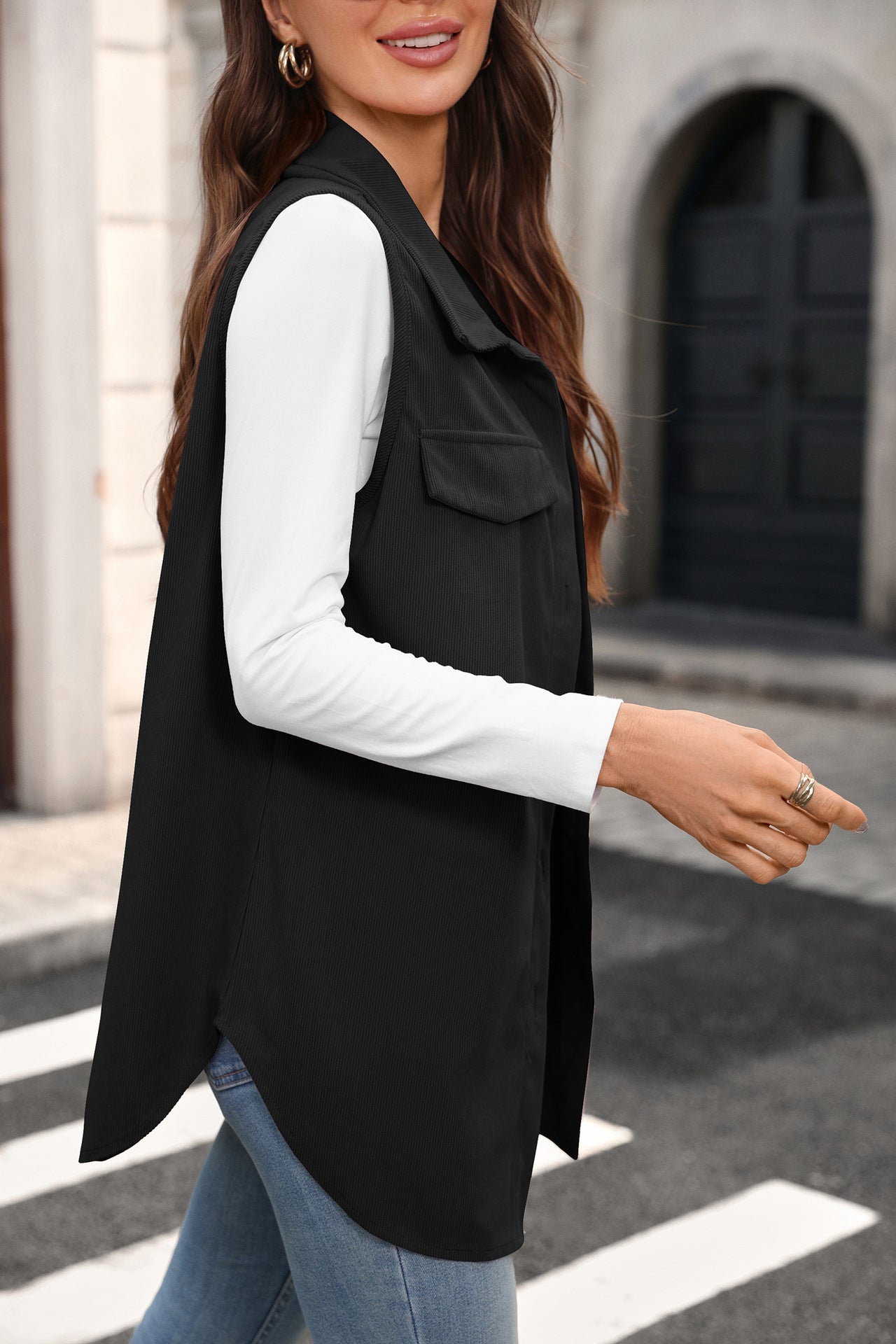 Corduroy Vest Button Front Sleeveless Longline Jacket
