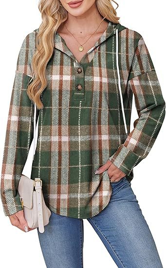 Women's Plaid Button Hoodie Long Sleeve Pullover