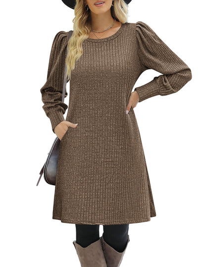 Women's Puff Sleeve Ribbed Knit Sweater Dress with Pockets