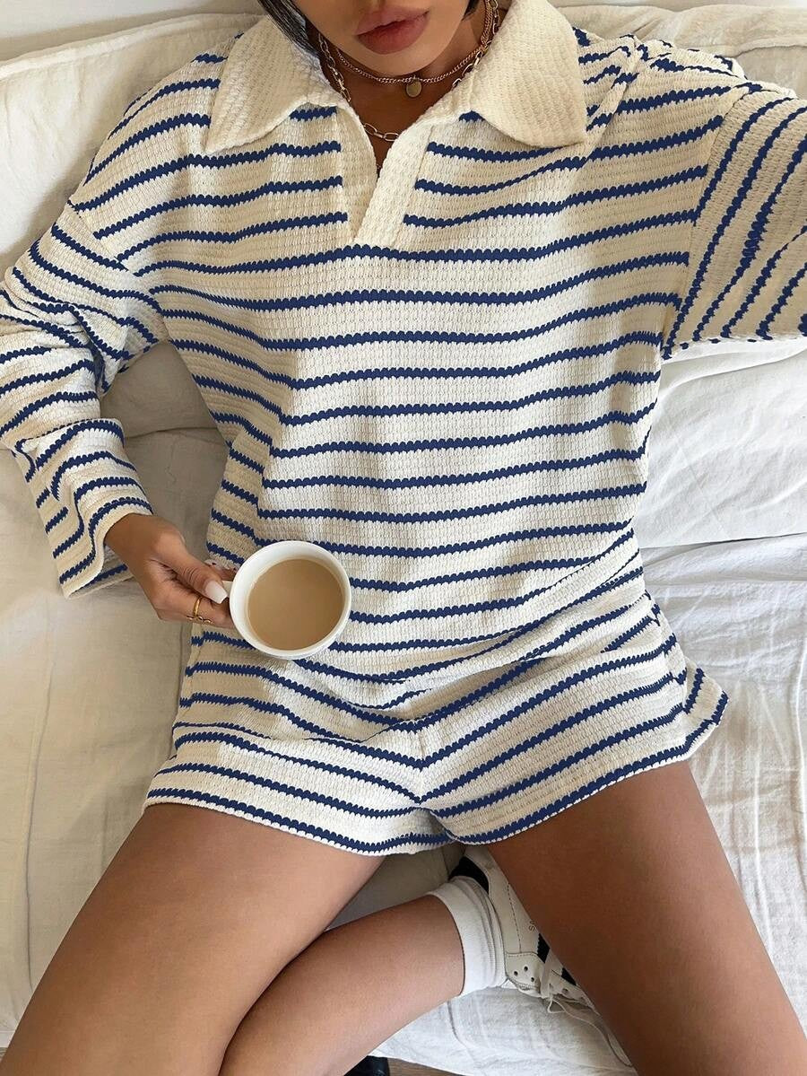 Striped Polo Lounge Set Long Sleeve Top & Shorts Set