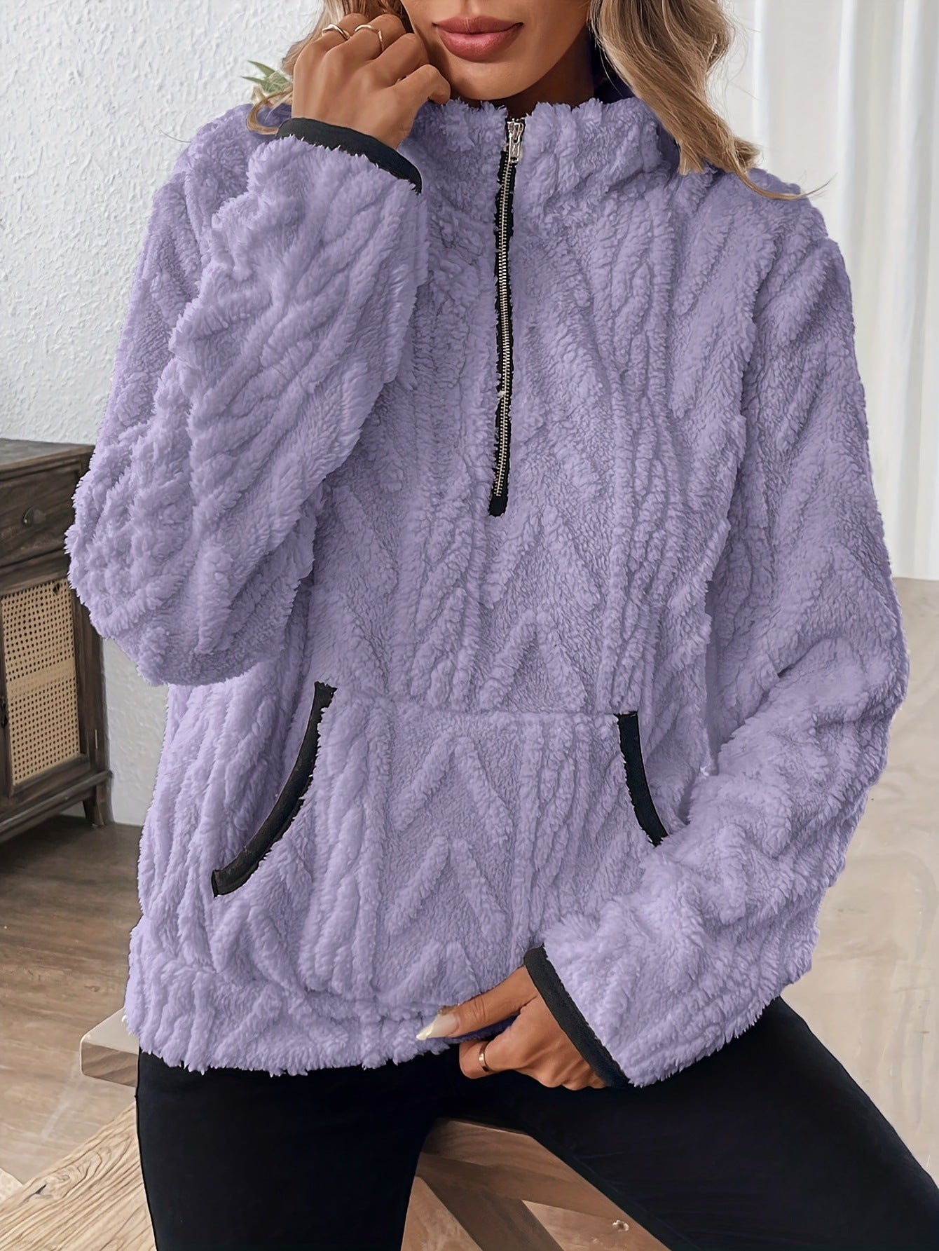 Women's Sherpa Half Zip Collared Sweatshirt Pockets