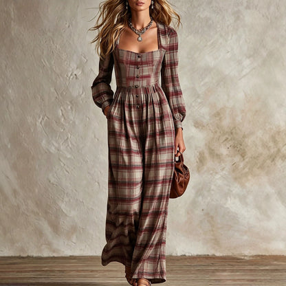Vintage Plaid Square Neck Wide Leg Jumpsuit