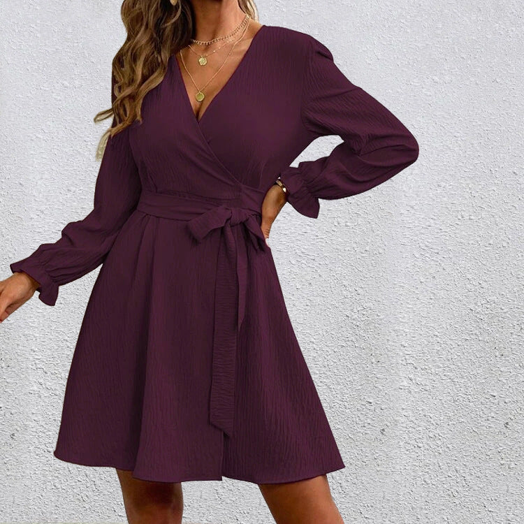 Women's Wrap V-Neck Long Sleeve Tie Waist Dress
