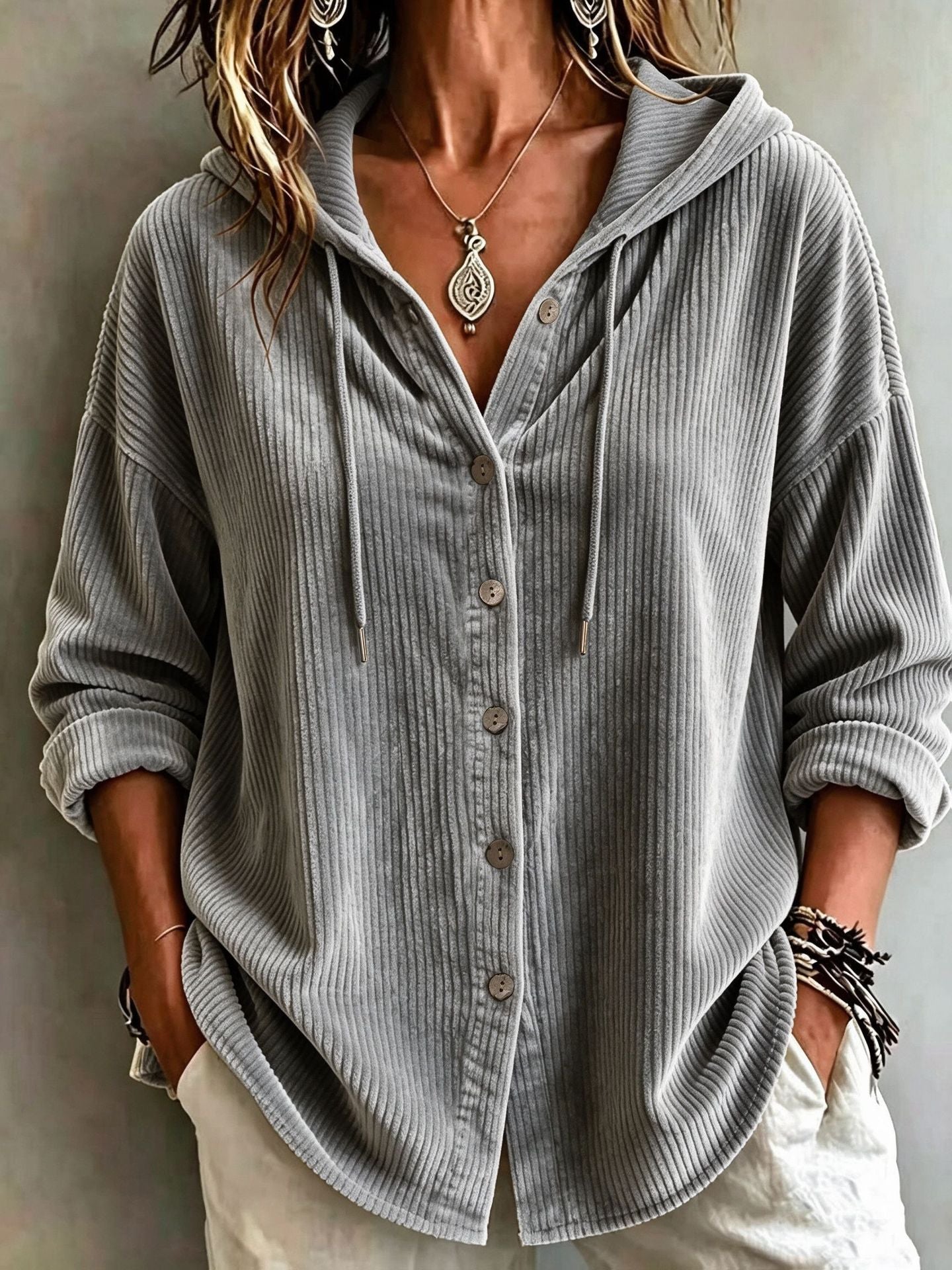 Womens Corduroy Hooded Button Down Shirt Jacket