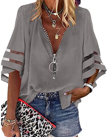 Summer V-Neck Zipper Shirt Half-Flared Sleeve Grid Splicing
