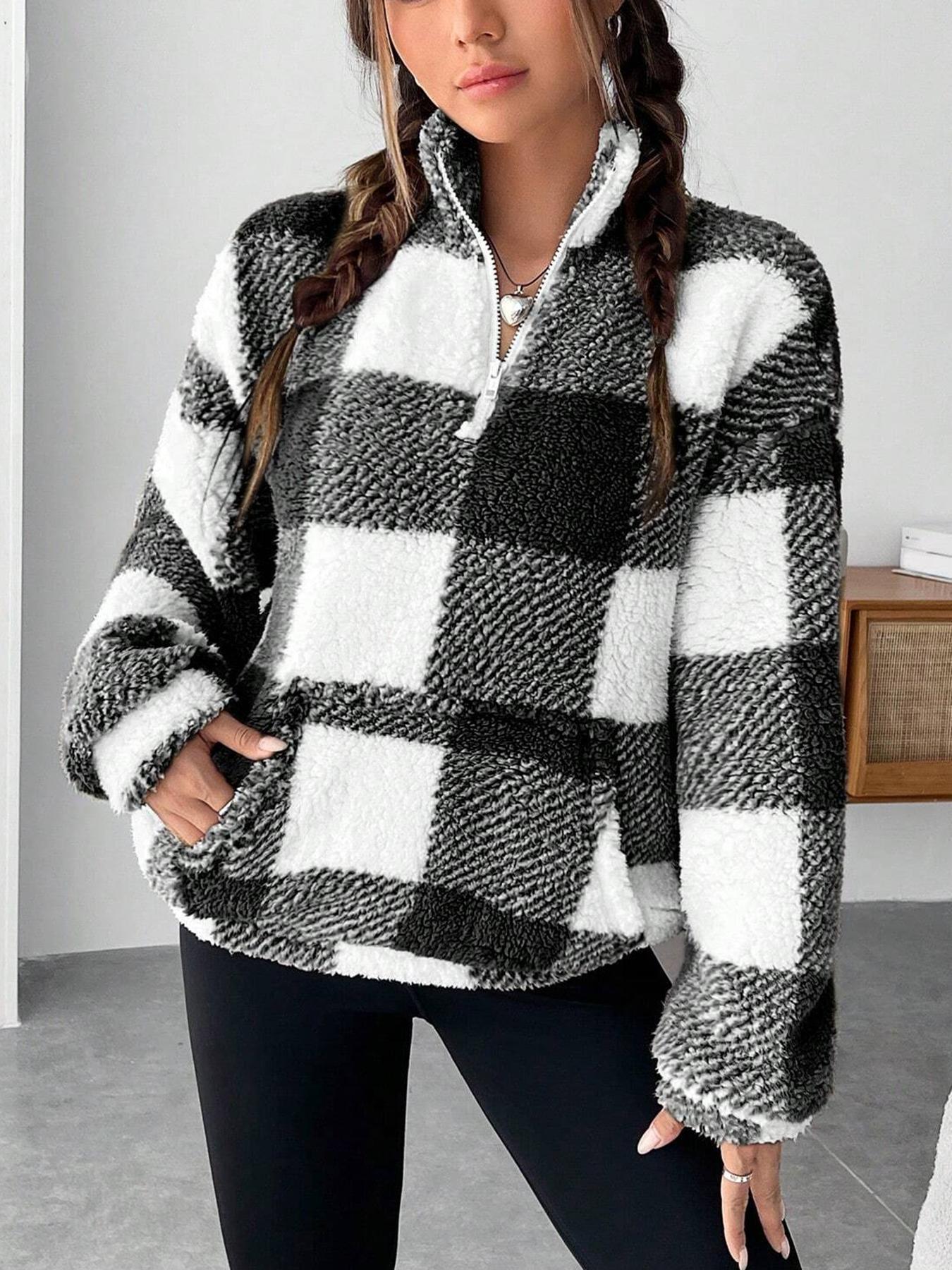 Womens Checkered Sherpa Quarter Zip Fleece Pullover