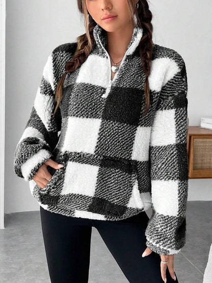 Womens Checkered Sherpa Quarter Zip Fleece Pullover