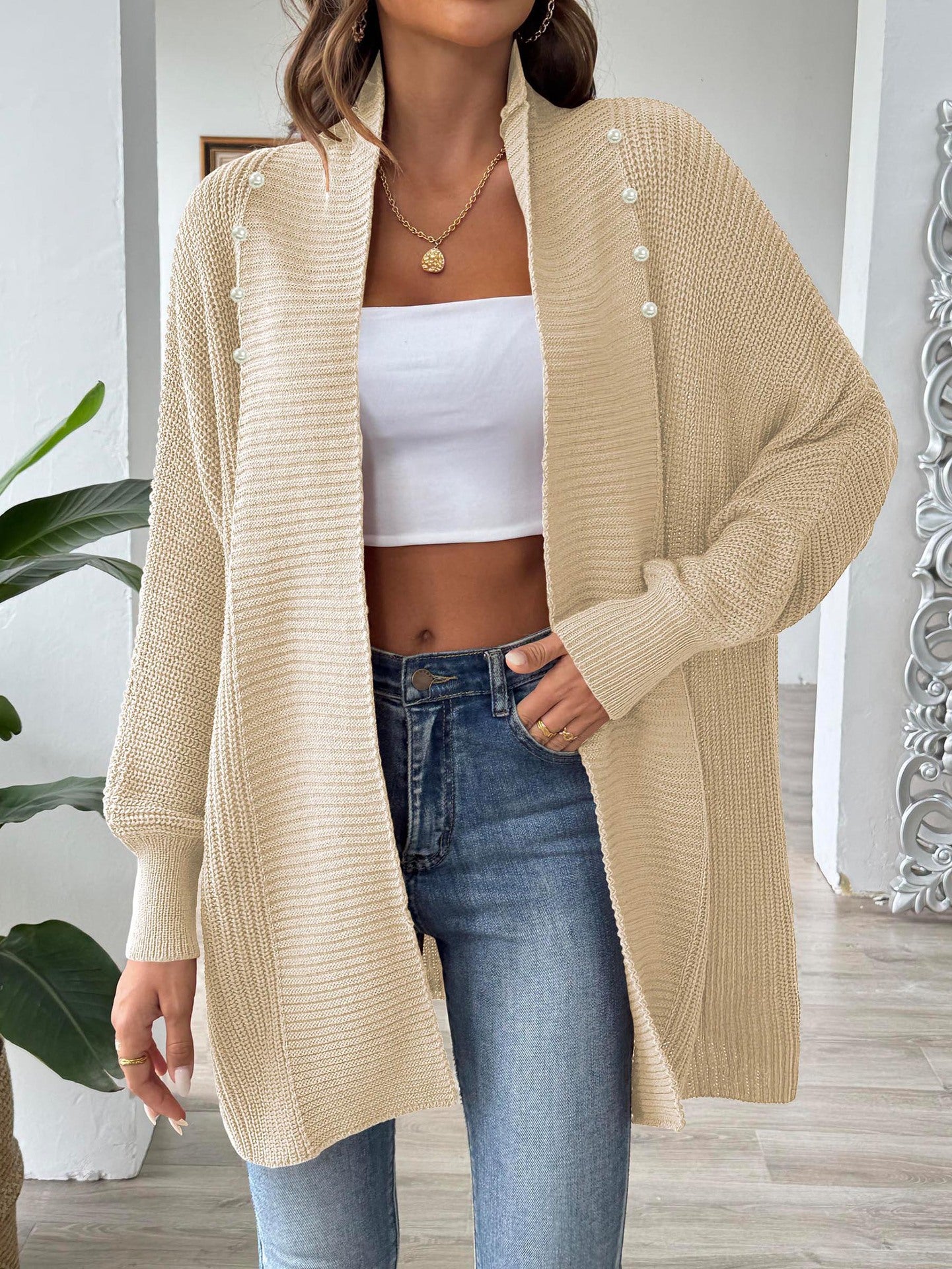 Women's Solid Color Loose Sweater Pearl Bead Women's Cardigan Jacket