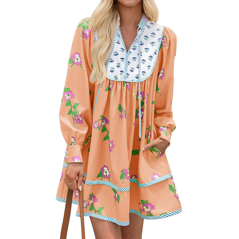 Boho Floral V-Neck Long Sleeve Flowy Mini Dress