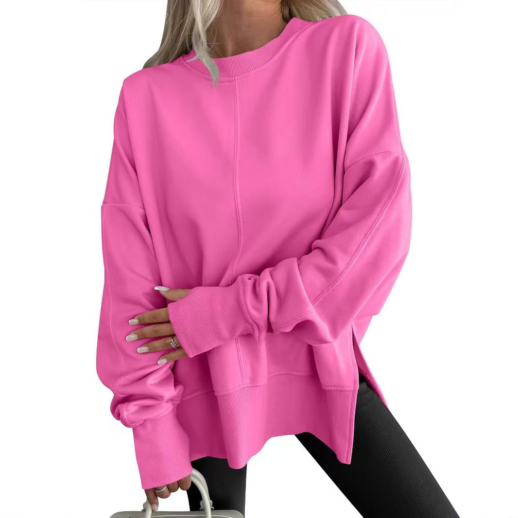 Oversized Crewneck Sweatshirt Batwing Side Slit Fleece