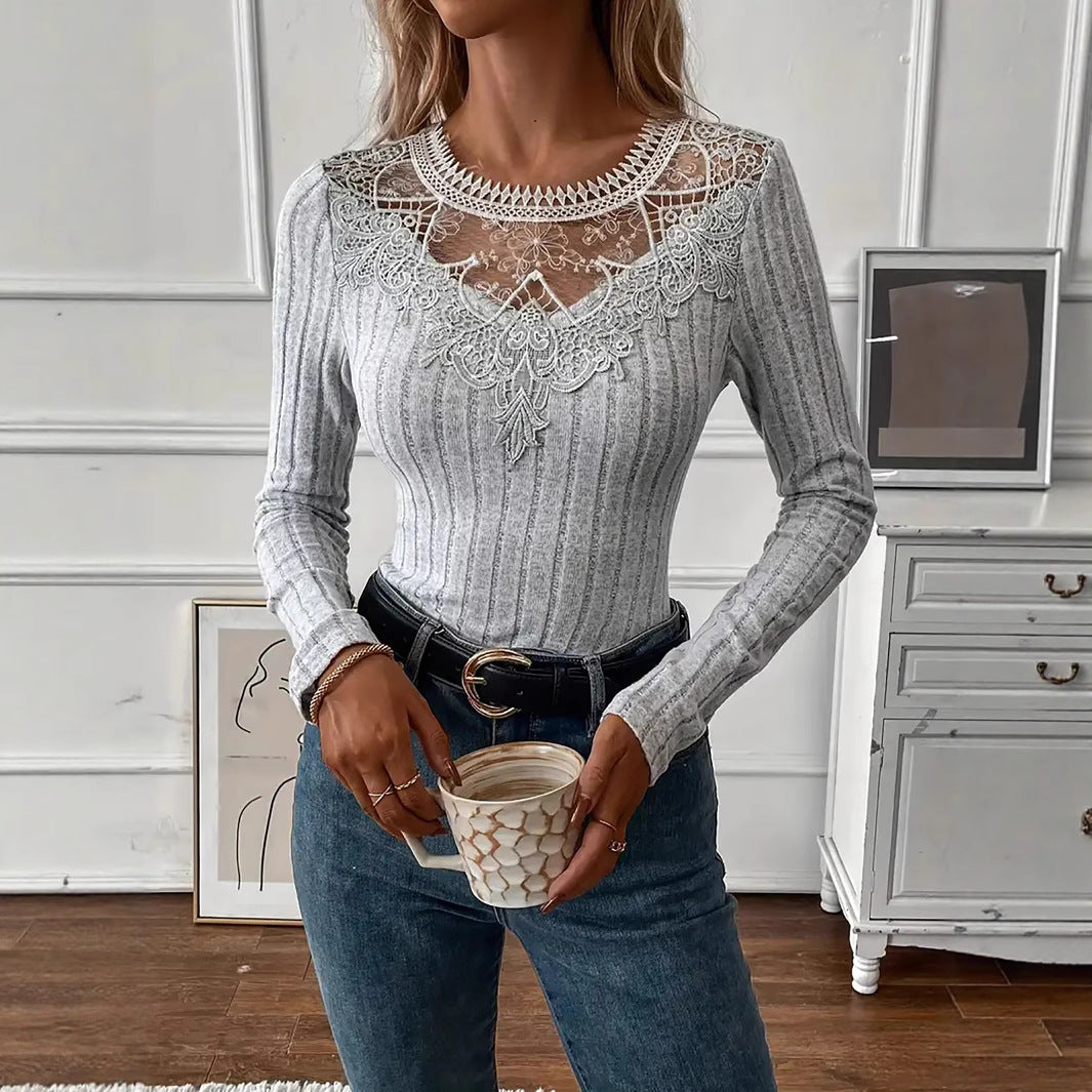 Women's Lace Panel Ribbed Long Sleeve Top