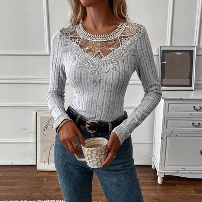 Women's Lace Panel Ribbed Long Sleeve Top