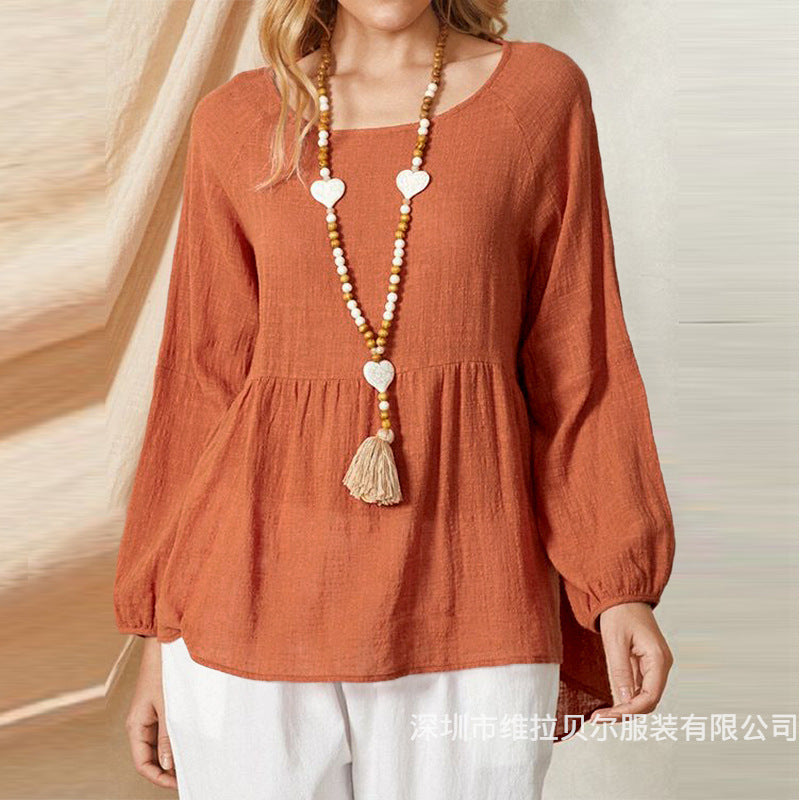 Plus Size Boho Peasant Top Lantern Sleeve Linen Blouse
