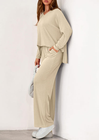 Women's Two Piece Ribbed Lounge Set Wide Leg Pants