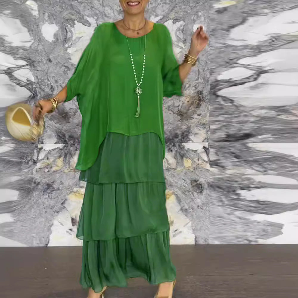 Women's Chiffon Tiered Maxi Dress Batwing Sleeve
