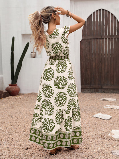 Boho Leaf Print V Neck Flutter Sleeve Maxi Dress Resort