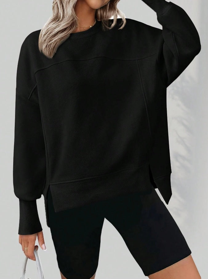 Colorblock Side Slit Sweatshirt Women Casual Pullover Top