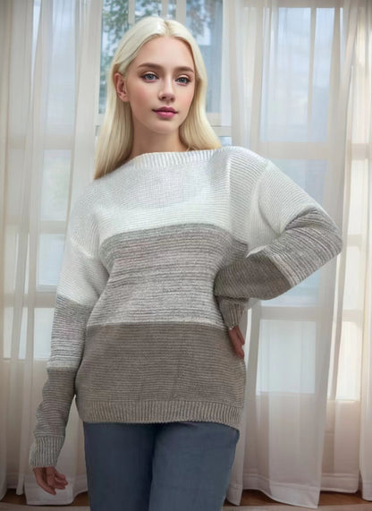 Women's Color Block Crew Neck Knit Pullover Sweater