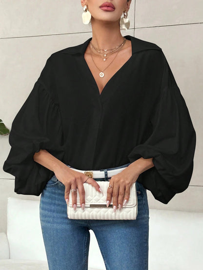 Black V Neck Lantern Sleeve Blouse Loose Fit Top
