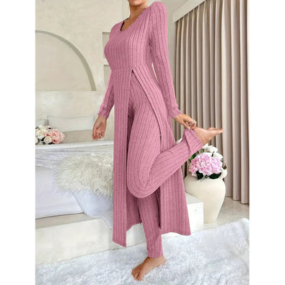 Women's Ribbed Knit Side Split Long Sleeve Two Piece Set