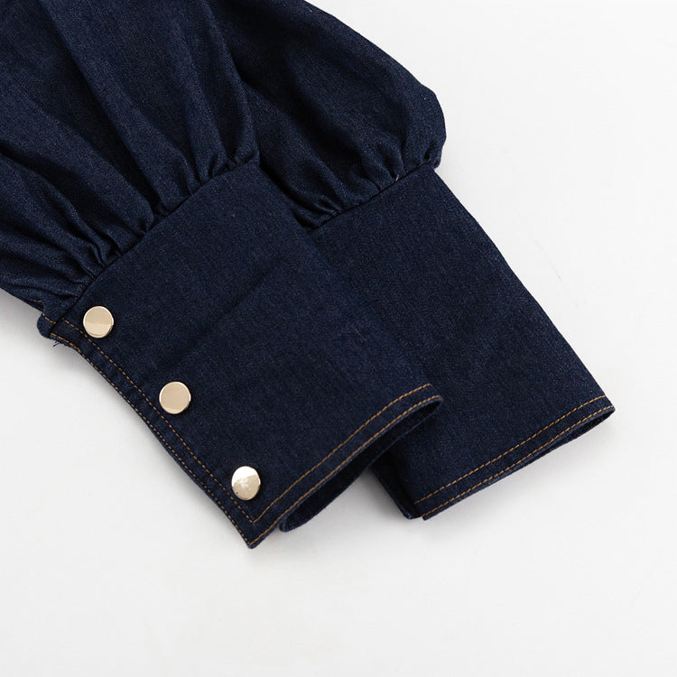 Denim Shirt Dress Women Puff Sleeve Belted