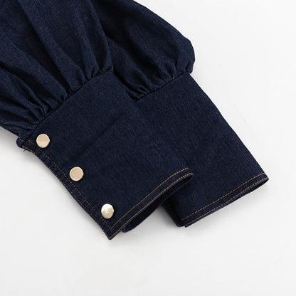 Denim Shirt Dress Women Puff Sleeve Belted