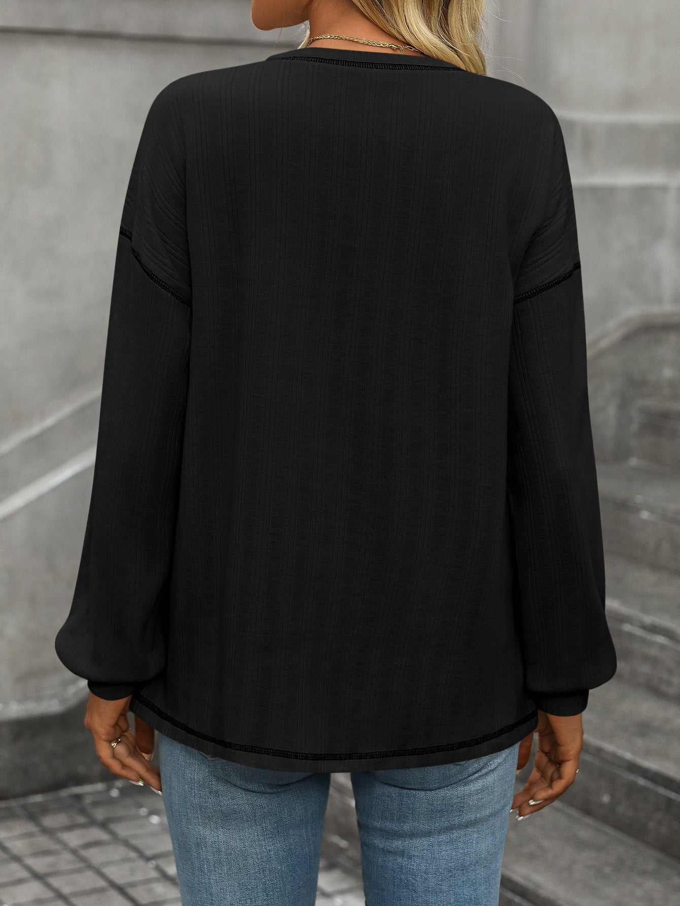 Solid Color Ribbed Brushed Long Sleeve Pocket Casual Tee