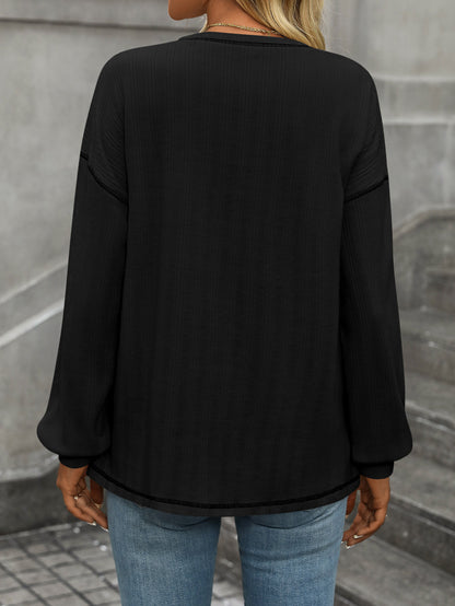 Solid Color Ribbed Brushed Long Sleeve Pocket Casual Tee
