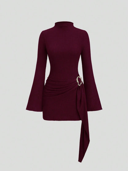 Ruched Knit Bodycon Dress Metal Ring Long Sleeve Mini