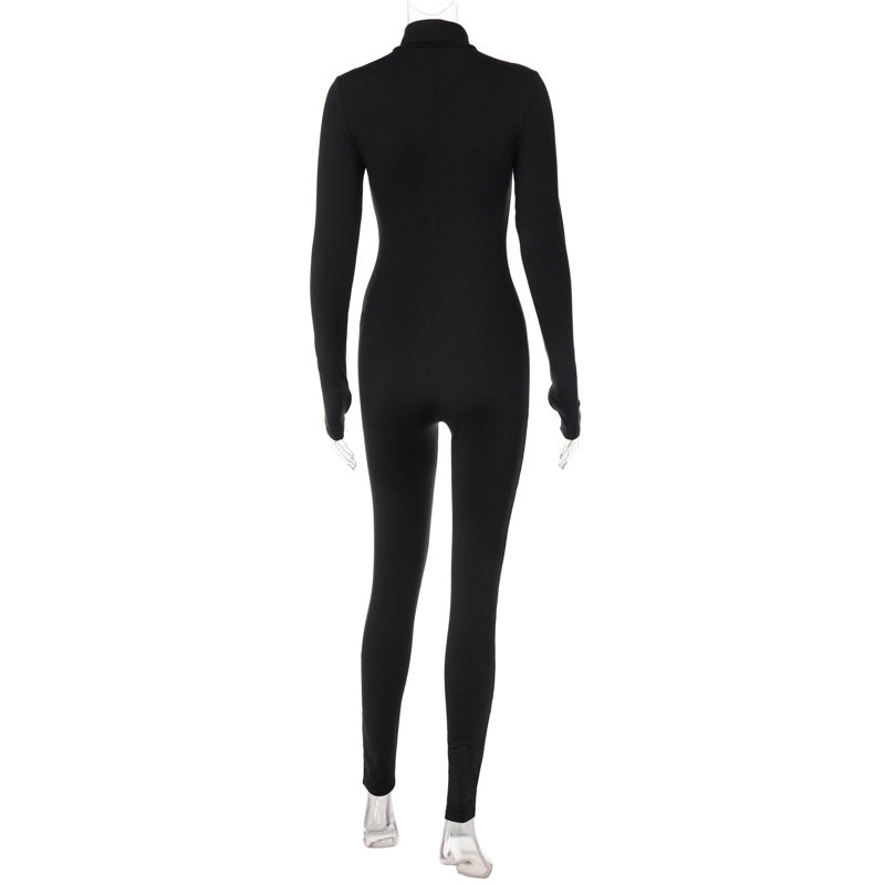 Zip Front Bodycon Jumpsuit Long Sleeve High Waist Yoga