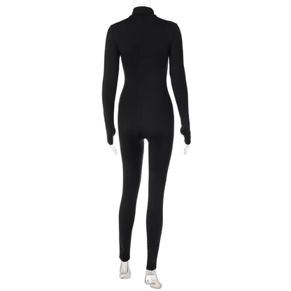 Zip Front Bodycon Jumpsuit Long Sleeve High Waist Yoga
