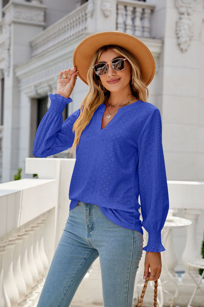 Women's Eyelet V-Neck Long Sleeve Ruffle Cuff Loose Blouse