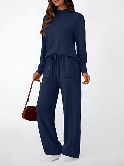 Women's Solid Mock Neck Top & Wide Leg Pants Lounge Set