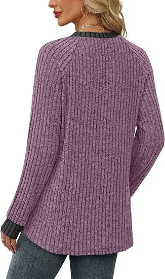 Women's Soft Ribbed Contrast Trim Long Sleeve Crew Neck Top